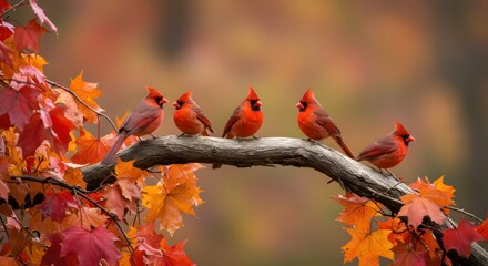 Five Cardinals Autumn Branch.