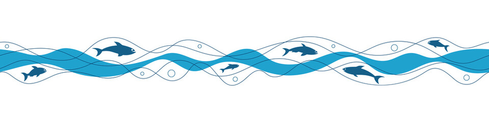 Fototapeta premium Shoal of fish, sea wave, stylized vector illustration, seamless border, isolated on white background