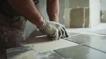 Mason applying grout to a tiled surface in a bathroom. Featuring precision and detail