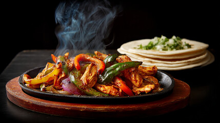 Chicken fajitas with grilled vegetables and tortillas