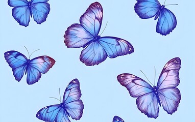 Blue Morpho Butterflies Seamless Pattern Watercolor Sketch