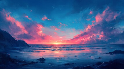 Fototapeta premium Vivid Sunset Over the Ocean with Pink Clouds and Reflective Waterscape art