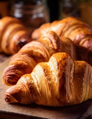 fresh baked croissants on wooden board