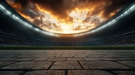 Dramatic sunset over empty sports stadium field view