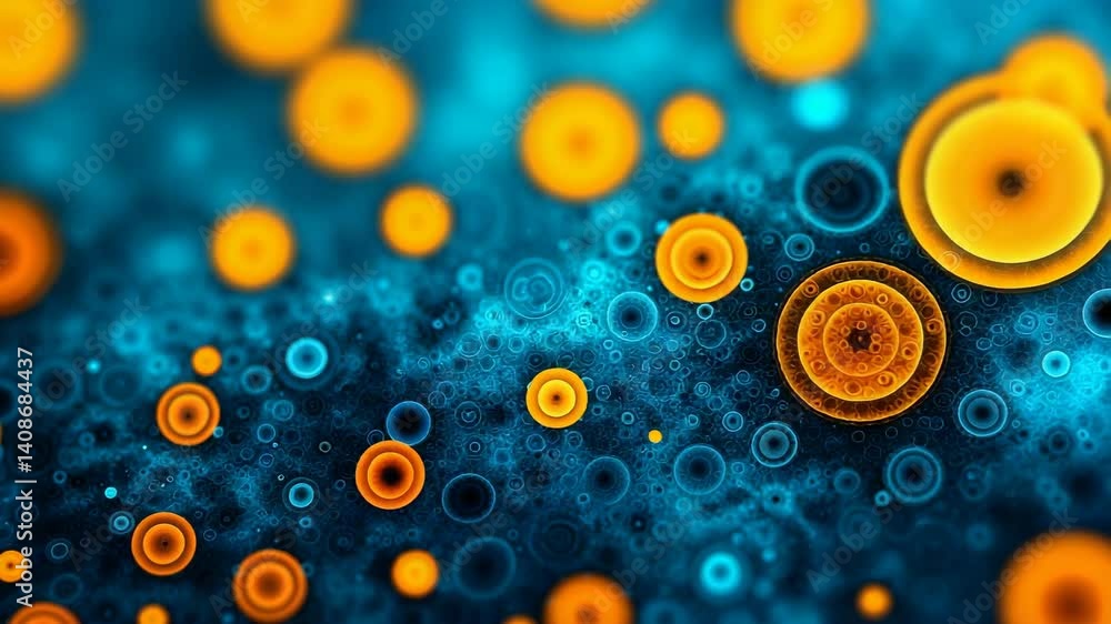 Poster abstract background featuring a vibrant pattern of interconnected circles in tones of orange and blu