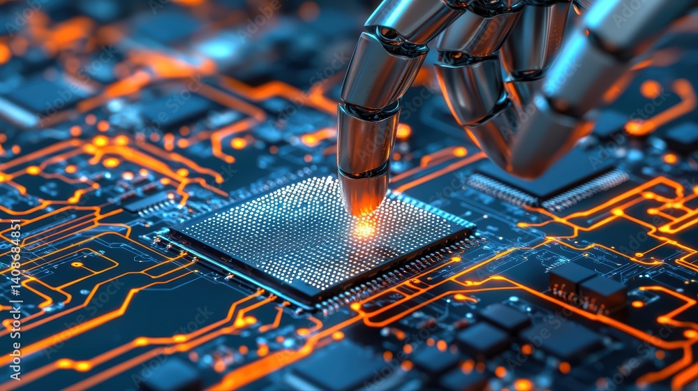 Poster robotic hand touching microprocessor on circuit board