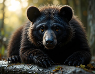 Obraz premium Intense Black Bear Closeup in Golden Forest Light