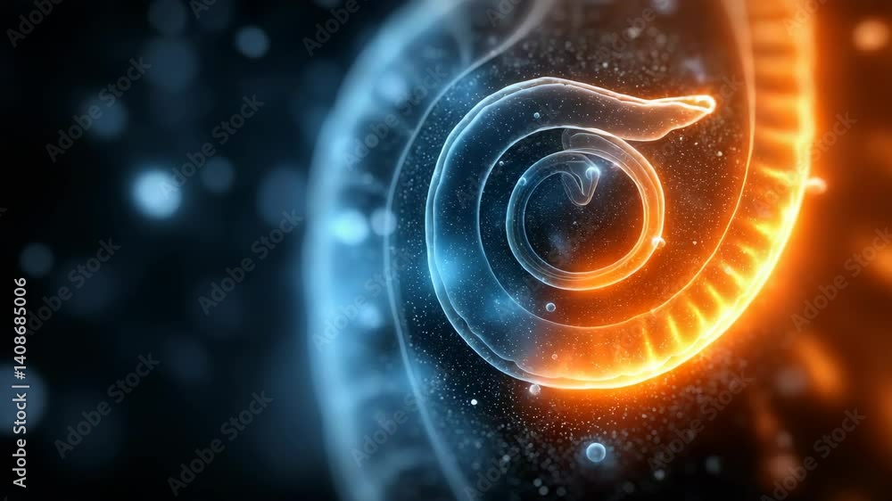 Poster abstract image featuring a translucent coiled shape with glowing blue and orange segments on a dark 