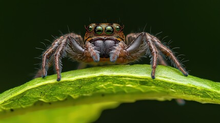 Fototapeta premium Detailed close-up of a spider on a green leaf