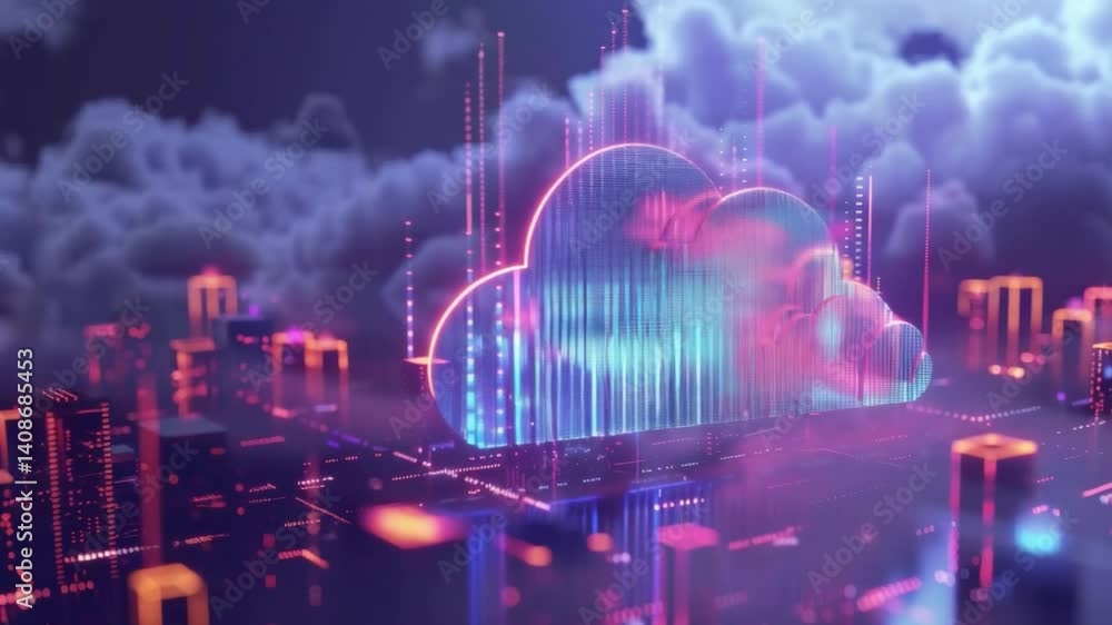 Poster cloud computing in modern cityscape: a futuristic depiction of data transmission and global connecti