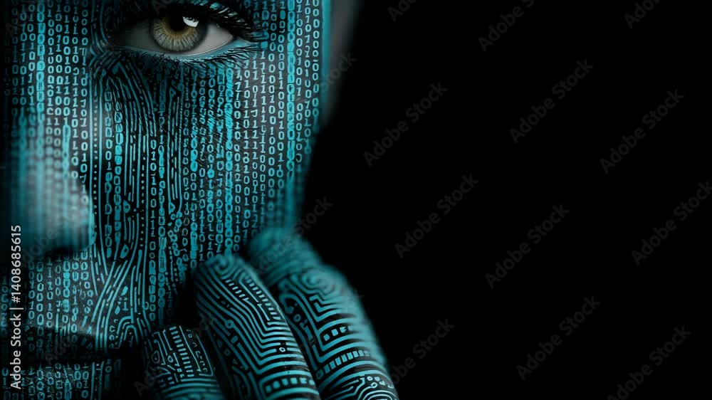 Poster artificial intelligence woman face with digital coding projected onto skin and hand near face over b