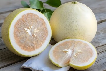 Juicy Pomelo Fruit Slices on Wooden Table