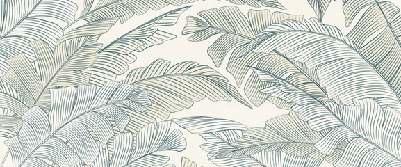 Tropical abstract art background with exotic plant leaves in line style. Botanical banner for decor, print, wallpaper, textile, interior design, poster, packaging.