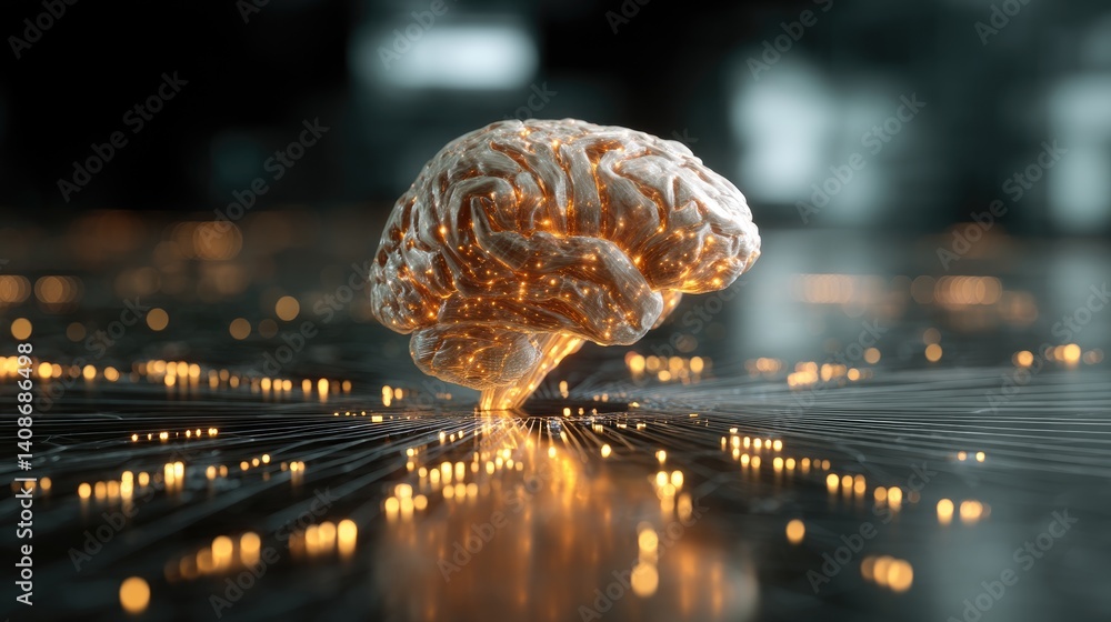 Aufkleber digital brain: a gleaming, meticulously detailed digital rendering of a brain, bathed in an ethereal