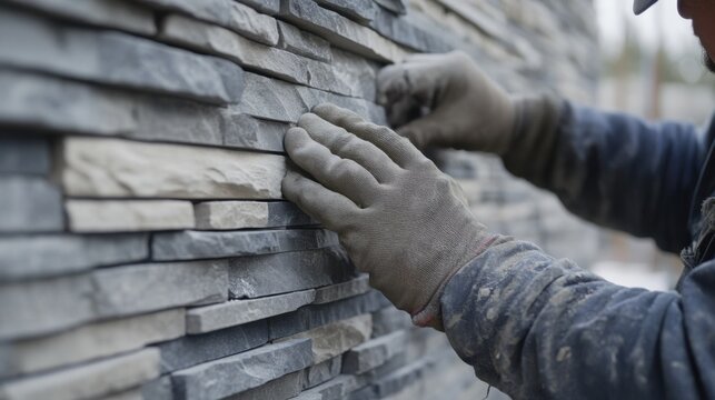 Mason installing stone cladding on a building exterior. Featuring skill and detail