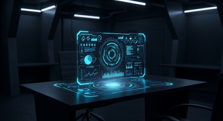 Holographic Interface Projected Above Table &ndash; Futuristic Workspace