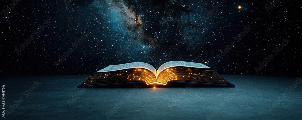 Poster open book under starry sky filled with galaxy and knowledge concept. an open book illuminated by sta