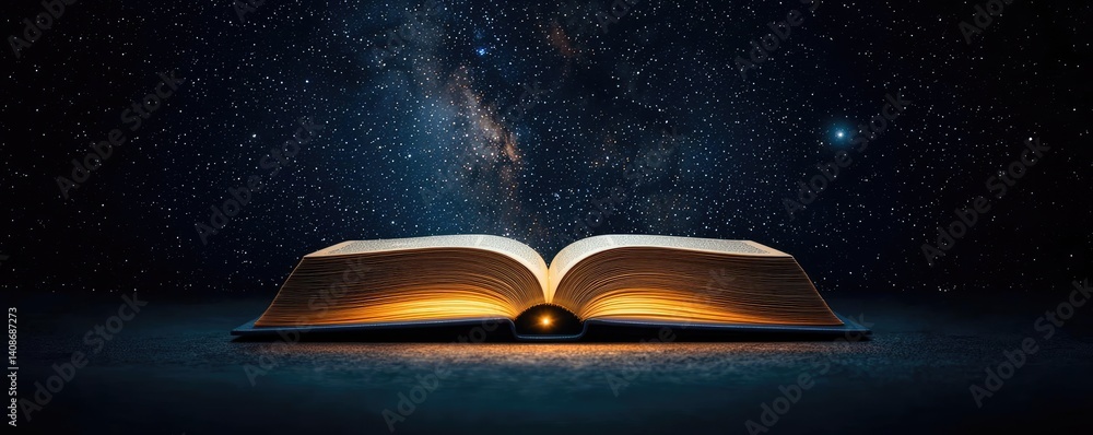 Aufkleber open book under starry sky filled with galaxy and knowledge concept. an open book illuminated with a