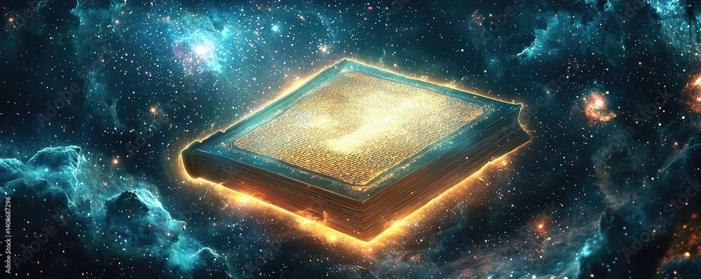 Poster open book under starry sky filled with galaxy and knowledge concept. a mystical book floating in a c