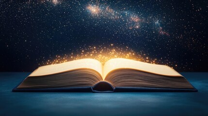 Open book under starry sky blending dreamlike imagination concept. A glowing book beneath a dreamlike cosmic expanse