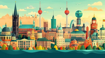 Obraz premium Cartoon styled cityscape with various architectural landmarks displayed clearly
