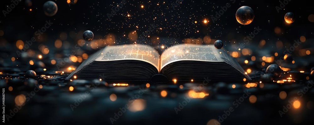 Poster Open book under starry sky merging imagination and learning concept. An open book surrounded by shimmering particles of light.