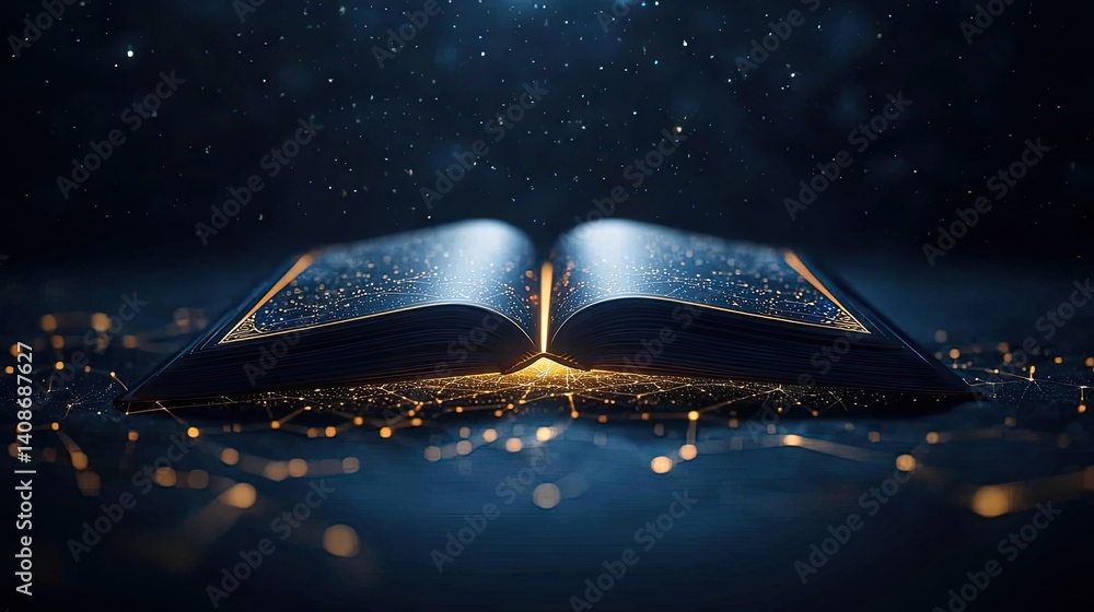 Poster open book under starry sky merging imagination and learning concept. an illuminated open book with g
