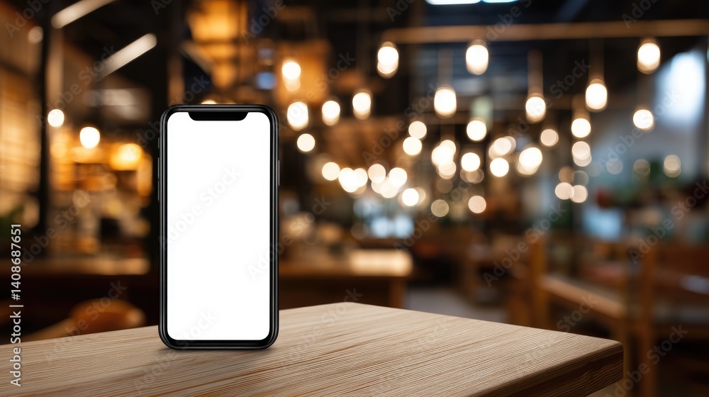 Poster smartphone on table with bokeh background: a modern smartphone with a blank, illuminated screen rest