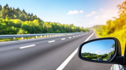 Scenic view of open highway with reflection in side mirror