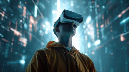 Obraz premium Virtual Reality Immersion: A person is fully immersed in a captivating virtual reality experience, wearing a VR headset against a backdrop of dynamic digital environments.