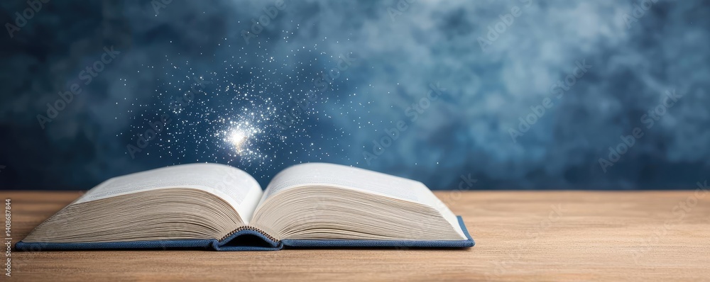 Poster open book under starry sky merging imagination and learning concept. an open book with magical spark