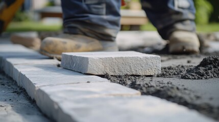 Mason leveling stones for an outdoor patio. Featuring precision and technique