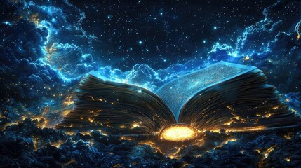 Fototapeta premium Open book under starry sky merging imagination and learning concept. A mystical open book surrounded by a starry cosmic sky.