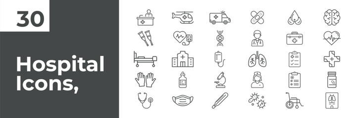 A collection of thirty simple hospital medical icons showing healthcare tools organs emergency symbols and professional items in a clean outline style