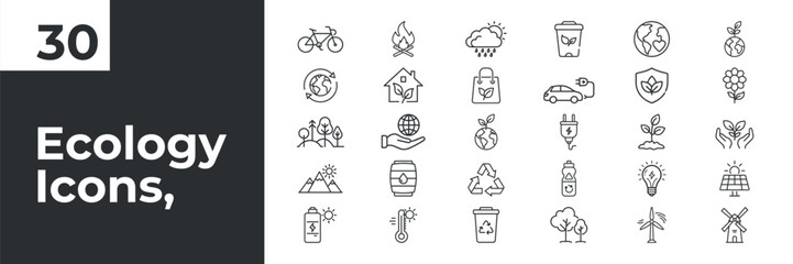 A collection of simple ecology icons showing green actions like recycling planting and using clean energy in modern black line style