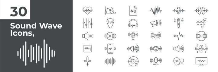 A collection of black sound wave icons showing different sound levels audio tools microphone settings and music symbols on white background