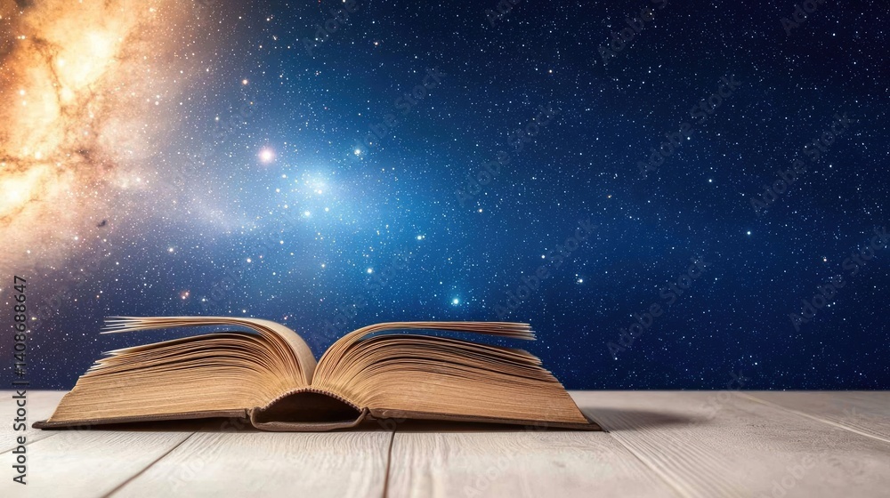 Poster open book under starry sky merging imagination and learning concept. an open book against a starry n
