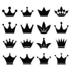 Set of Black Crown Silhouette Icons, Royalty Symbol, King, Queen Sign on White