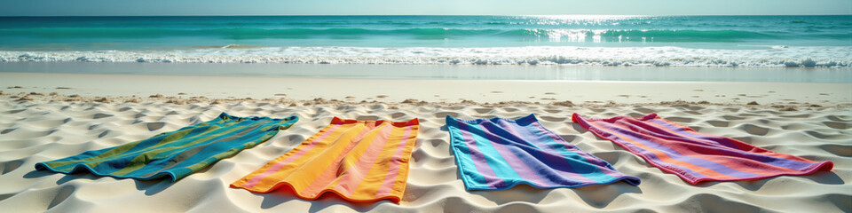 Four vibrant towels laid out on sandy beach, with gentle waves and clear blue ocean in the background.