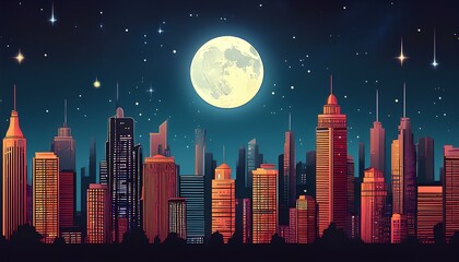 Naklejka premium pixel art illustration of night city skyline with full moon
