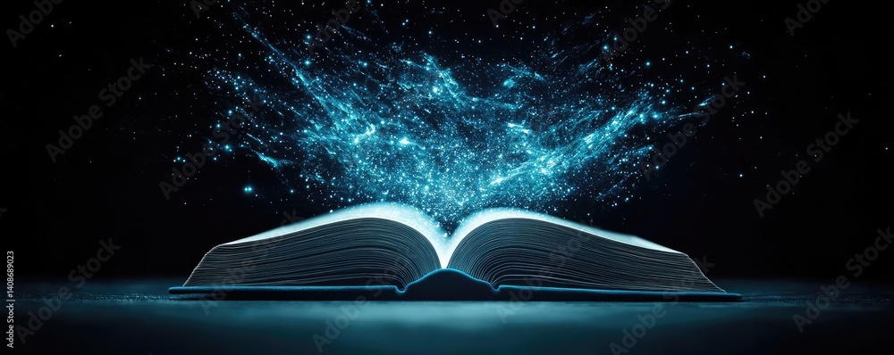Poster open book under starry sky blending dreamlike imagination concept. an open book surrounded by an eth