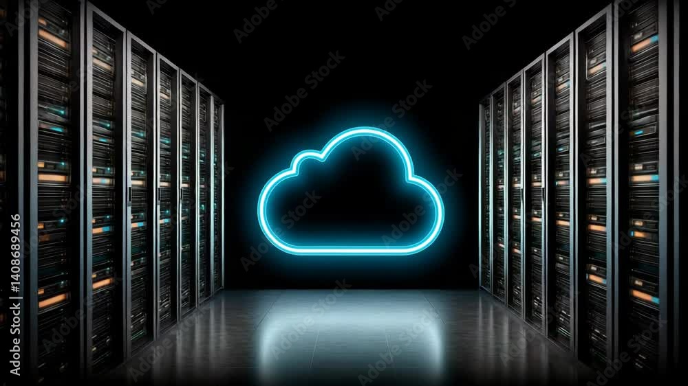 Poster data center server room with glowing cloud icon, storage hardware and information technology, digita
