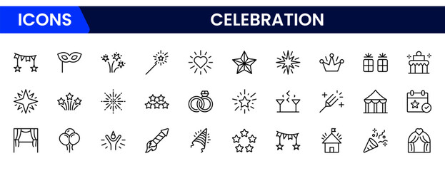 Vector line icon collection for celebration—includes balloons, confetti, cake, party hats, fireworks, and gifts. Perfect for festive occasions and events.