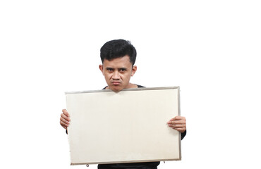 Asian man wearing black t-shirt carrying blank board showing protest sign on white background