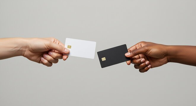 Two Hands Exchanging Blank White and Black Credit Cards Against a Neutral Background - Financial Transaction Concept