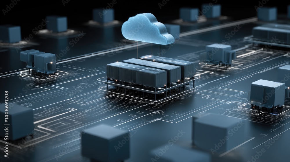 Aufkleber digital cloud innovation: a futuristic illustration showcasing a cloud symbol hovering above server 