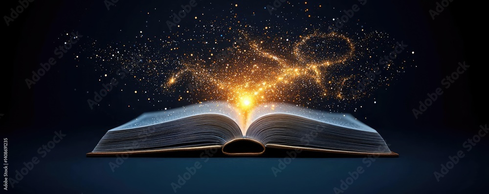 Poster open book under starry sky merging imagination and learning concept. an open book emitting a magical