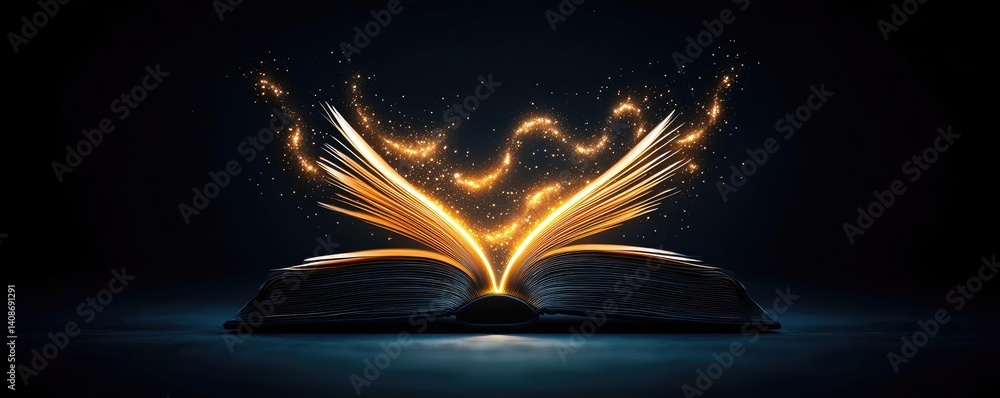 Poster open book under starry sky merging imagination and learning concept. an enchanting book with magical