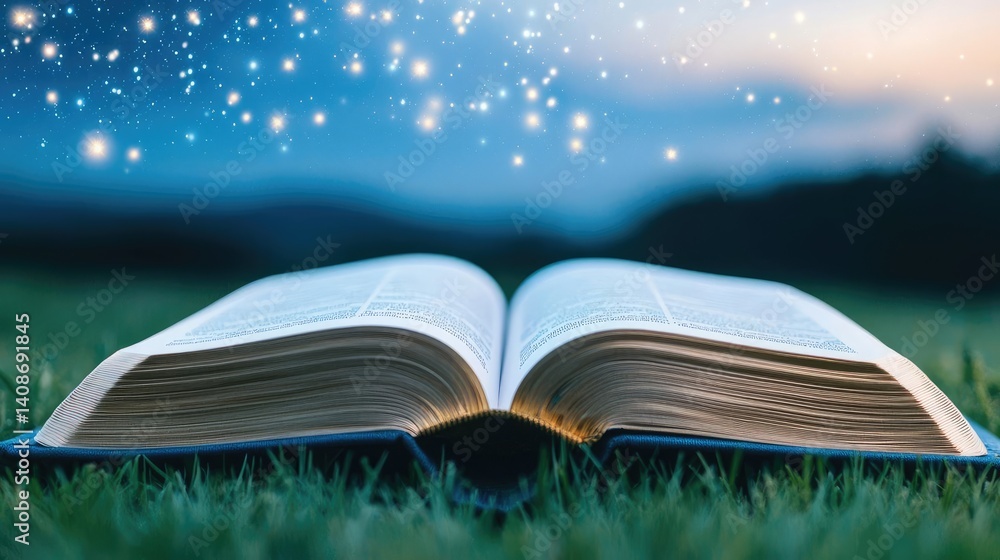 Poster open book under starry sky merging imagination and learning concept. an open book on grass with a ma
