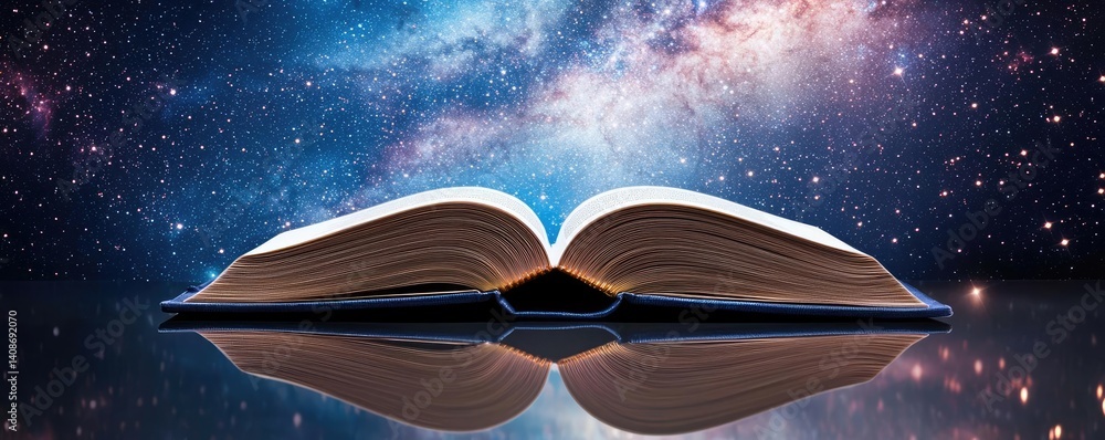 Poster open book under starry sky merging imagination and learning concept. an open book reflecting a cosmi